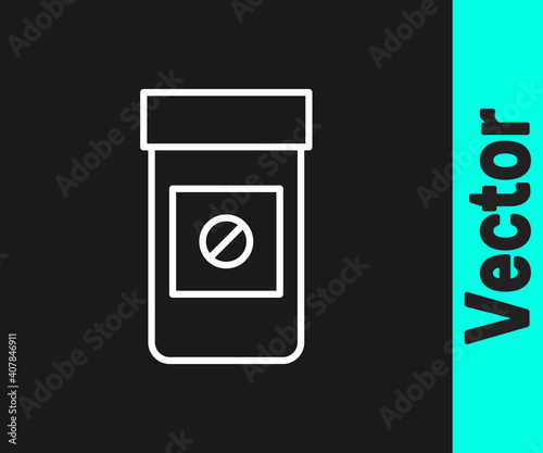 White line Sports doping, anabolic drugs icon isolated on black background. Anabolic steroids tablet. Pills in jar. Vector.