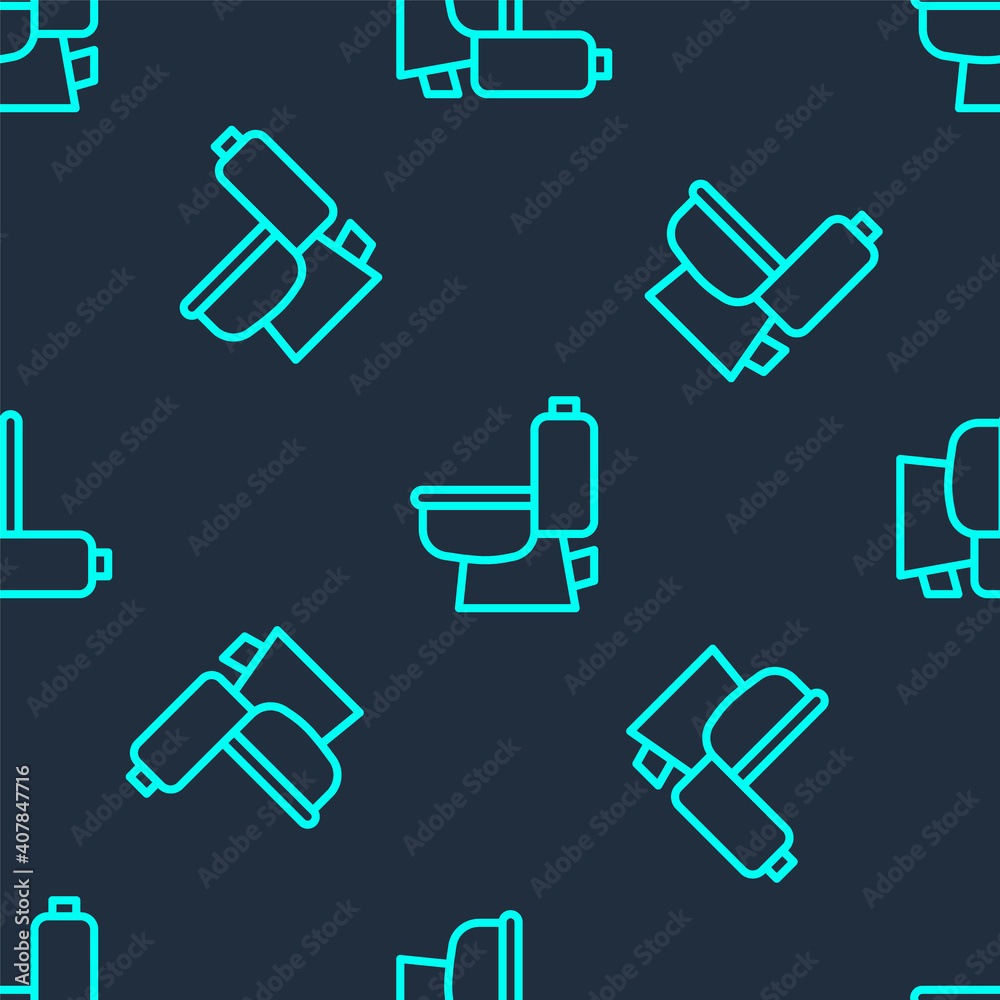 Green line Toilet bowl icon isolated seamless pattern on blue background. Vector. Green line Toilet bowl icon isolated seamless pattern on blue background. Vector.