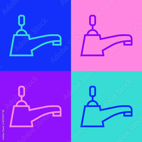 Pop art line Water tap icon isolated on color background. Vector.