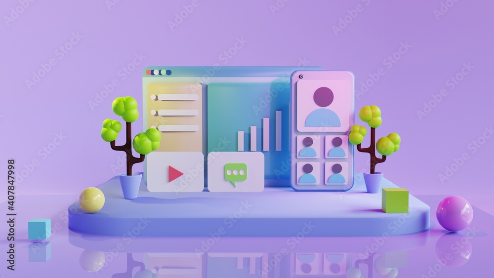 3D illustration of modern technology such as mobile phones, social media apps and window graphics 3D illustration of modern technology such as mobile phones, social media apps and window graphics