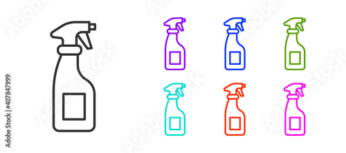 Black line Cleaning spray bottle with detergent liquid icon isolated on white background. Set icons colorful. Vector.