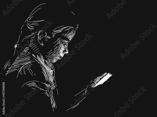 girl using smart phone in darkness, vector sketch