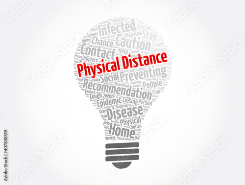 Physical distance light bulb word cloud, concept background