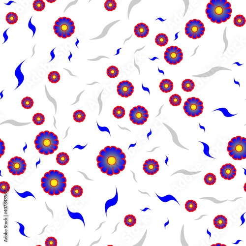 Seamless pattern flower blue and gray figurines on a white background
