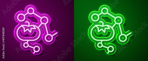 Glowing neon line Genetically modified food icon isolated on purple and green background. GMO fruit. Vector.
