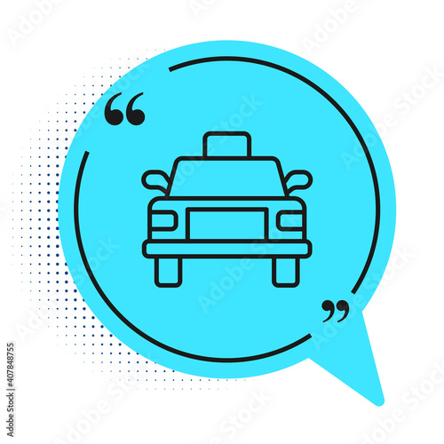 Black line Taxi car icon isolated on white background. Blue speech bubble symbol. Vector.