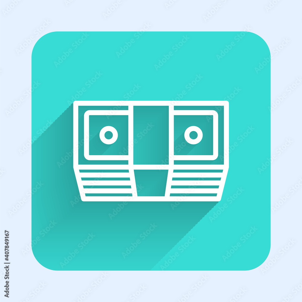 White line Bribe money cash icon isolated with long shadow. Money banknotes stacks. Bill currency. Green square button. Vector. White line Bribe money cash icon isolated with long shadow. Money banknotes stacks. Bill currency. Green square button. Vector.