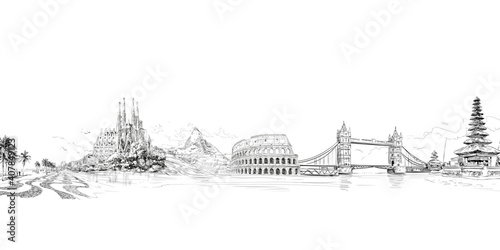 World famous landmarks and monuments. Travel posters urban sketch illustration. Tourism banner design concept. Popular world known toirism destinations. Hand drawn vector.