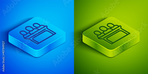 Isometric line Jurors icon isolated on blue and green background. Square button. Vector.