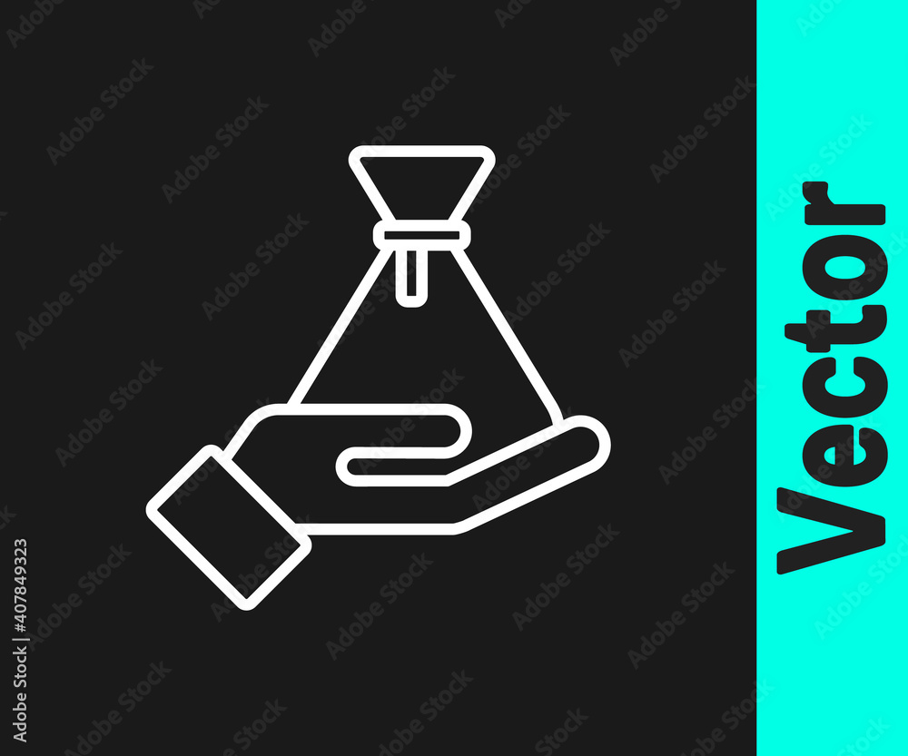 White line Bribe money bag icon isolated on black background. Bill currency. Vector. White line Bribe money bag icon isolated on black background. Bill currency. Vector.