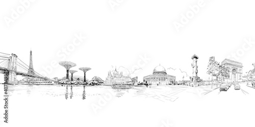 World famous landmarks and monuments. Travel posters urban sketch illustration. Tourism banner design concept. Popular world known toirism destinations. Hand drawn vector.