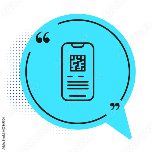 Black line Online ticket booking and buying app interface icon isolated on white background. E-tickets ordering. Electronic train ticket on screen. Blue speech bubble symbol. Vector.