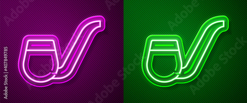 Glowing neon line Smoking pipe with smoke icon isolated on purple and green background. Tobacco pipe. Vector.
