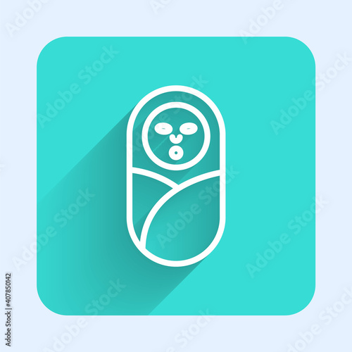 White line Newborn baby infant swaddled or swaddling icon isolated with long shadow. Baby kid child wrapped in blanket clothes. Green square button. Vector.