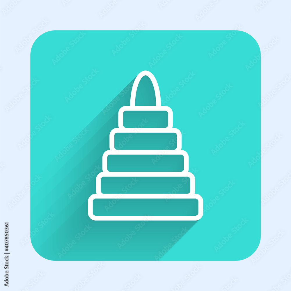 White line Pyramid toy icon isolated with long shadow. Green square button. Vector. White line Pyramid toy icon isolated with long shadow. Green square button. Vector.