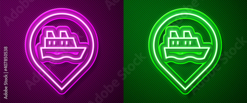 Glowing neon line Location with cruise ship icon isolated on purple and green background. Travel tourism nautical transport. Voyage passenger ship, cruise liner. Vector.