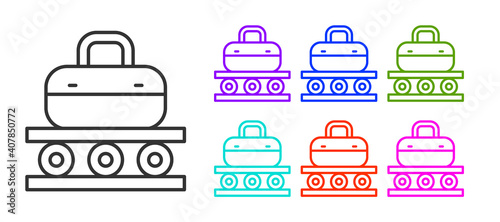 Black line Airport conveyor belt with passenger luggage, suitcase, bag, baggage icon isolated on white background. Set icons colorful. Vector.