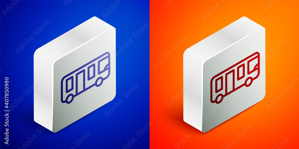 Isometric line Airport bus icon isolated on blue and orange background. Silver square button. Vector. Isometric line Airport bus icon isolated on blue and orange background. Silver square button. Vector.