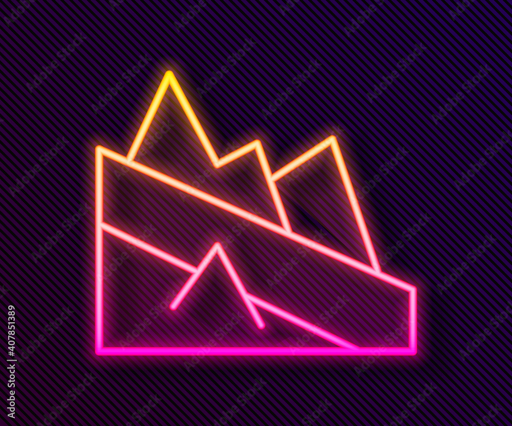 Glowing neon line Mountain descent icon isolated on black background. Symbol of victory or success concept. Vector. Glowing neon line Mountain descent icon isolated on black background. Symbol of victory or success concept. Vector.