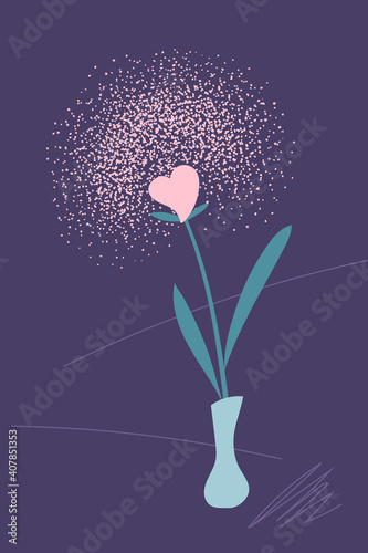 Valentine Day card with heart flower, handdrawn vertical vector illustration. Contemporary print with pink heart for St Valentines Day greeting. Gender neutral or single Valentine Day postcard