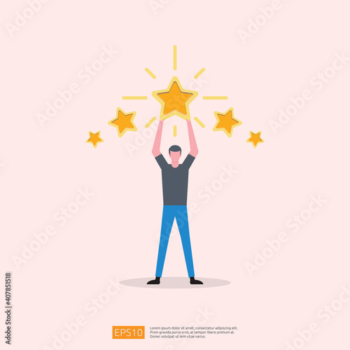 customer evaluating concept with five star good rating feedback. clients satisfaction and positive review experience with stars and flat man vector illustration