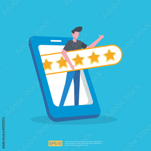 customer evaluating concept with five star good rating feedback. clients satisfaction and positive review experience with stars and flat man vector illustration