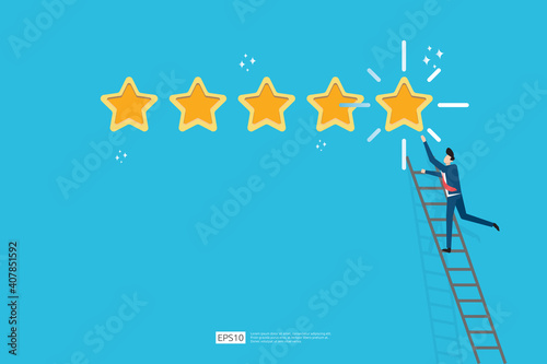 customer evaluating concept with five star good rating feedback. clients satisfaction and positive review experience with stars and flat man vector illustration