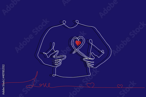 Surreal Line art of human body part pointing finger to red heart on blue background,Abtract Continuous line drawing of man body with black and white,Fashion concept minimal for design graphic print