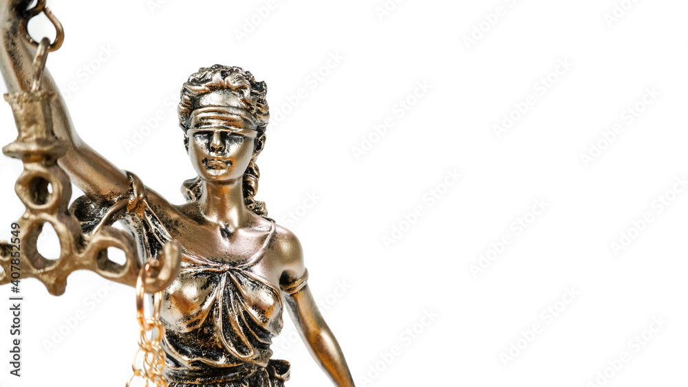 Statue of Lady justice named Justitia holding a Scales of Justice isolated on white background. Law and Legal concept.