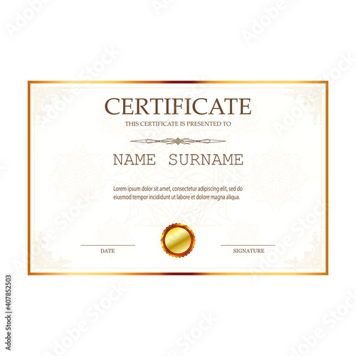 Certificate template. Gold border with Guilloche pattern for Diploma, deed, certificate of appreciation, achievement, any award design