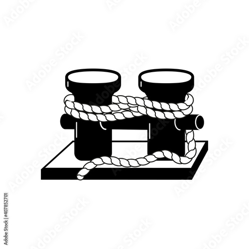 Mooring bitts with a rope. Black on white. Vector, isolated.