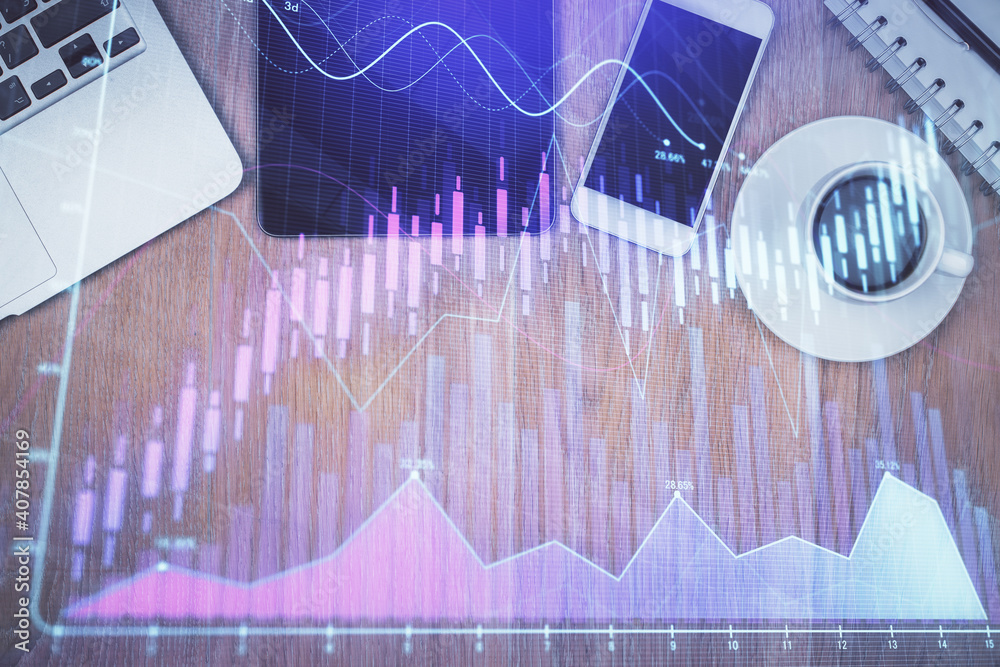 Multi exposure of forex graph hologram over desktop with phone. Top view. Mobile trade platform concept. Multi exposure of forex graph hologram over desktop with phone. Top view. Mobile trade platform concept.