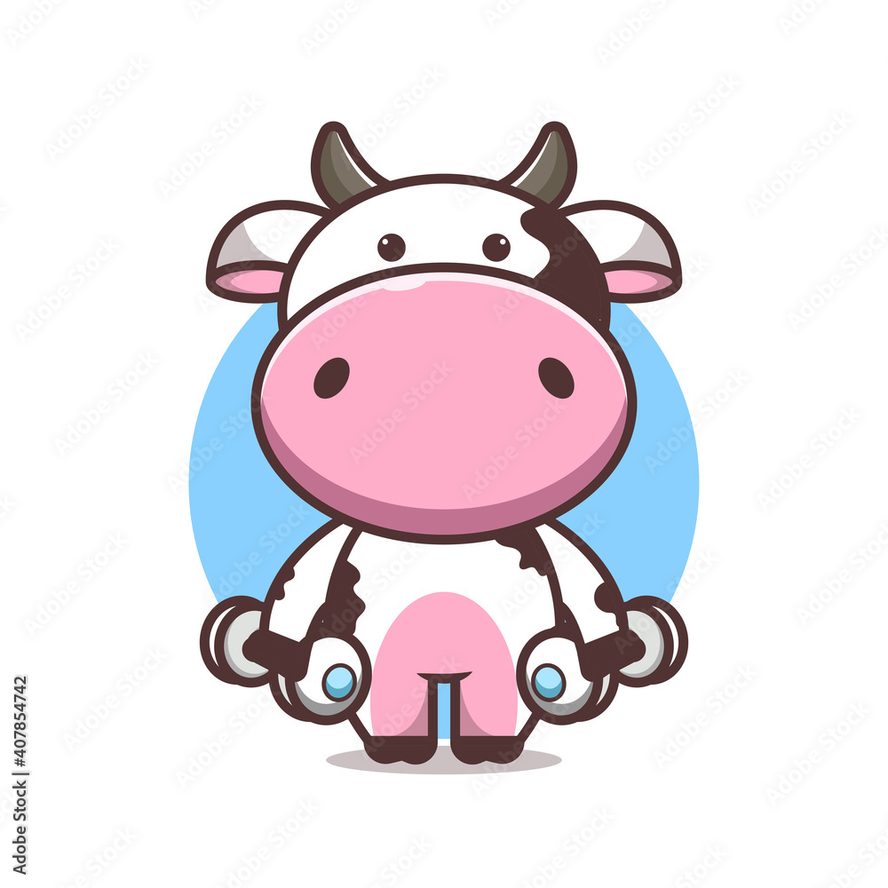 Naklejka premium cute cow lifting barbell in right hand left, cartoon, vector eps 10