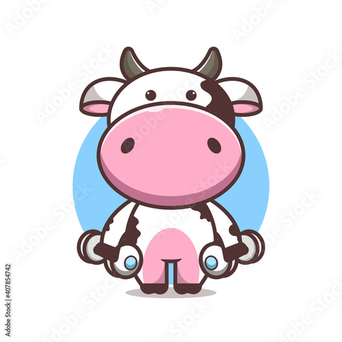 cute cow lifting barbell in right hand left, cartoon, vector eps 10