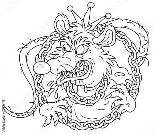 Spiteful and insidious old rat king with a shabby tail, wearing a gold crown and a chain, grinning out of its dark hole, black and white outline vector cartoon illustration for a coloring book page