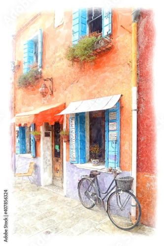 Burano island, Venice lagoon landmark - Italy. Colorful typical house in a street on canal. Watercolor painting sketch.