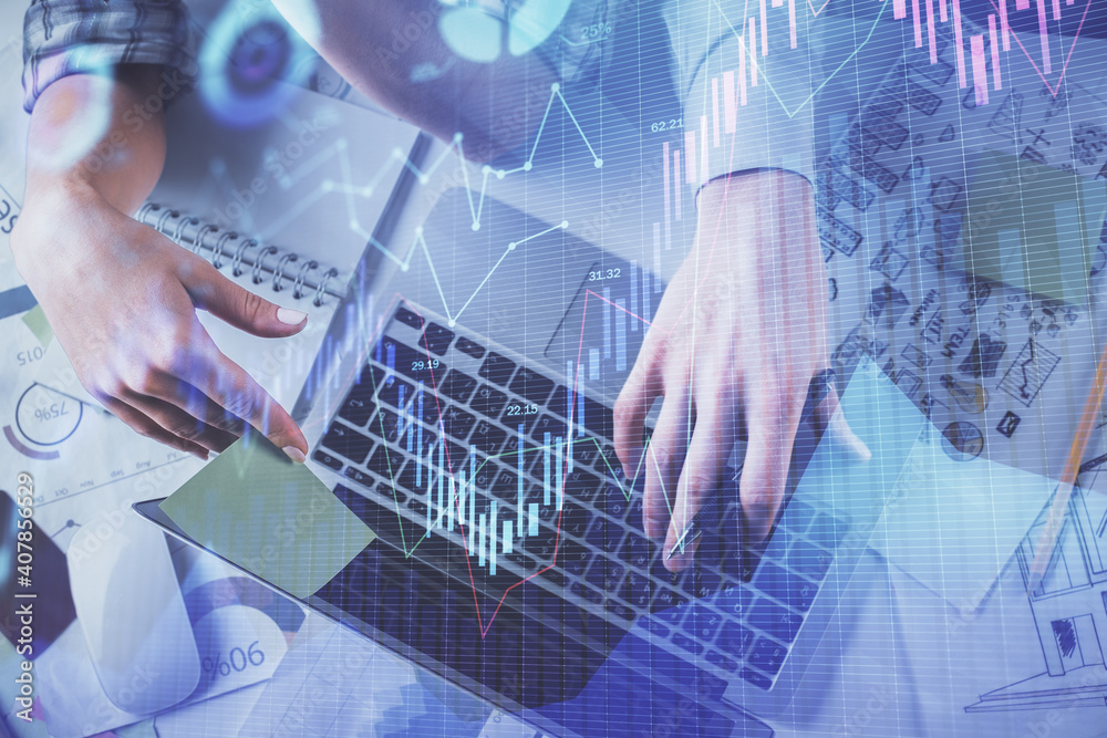 Double exposure of man and woman working together and forex graph hologram drawing. Financial analysis concept. Computer background. Top View.
