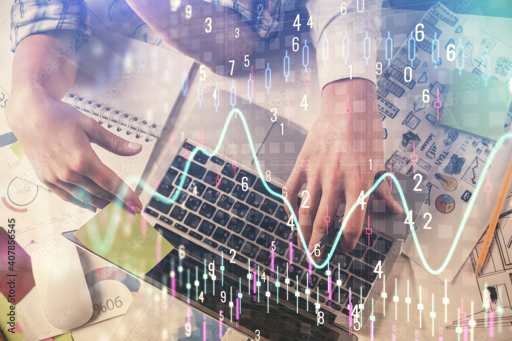 Double exposure of man and woman working together and forex graph hologram drawing. Financial analysis concept. Computer background. Top View.