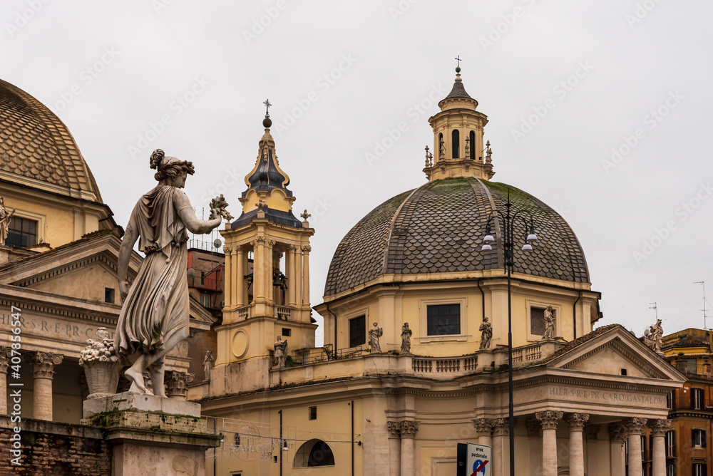 View of catholic church on People´s square in Rome (Piazza del Popolo)