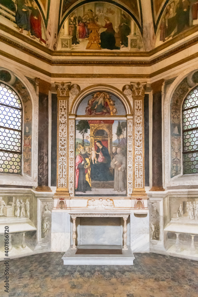 Interior decoration with frescoes in italian catholic church 