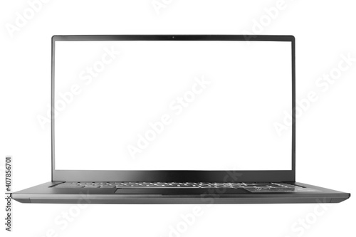 Laptop with blank screen on white background isolated close up front view, modern slim computer design, open empty display, pc mockup, studio shot, copy space