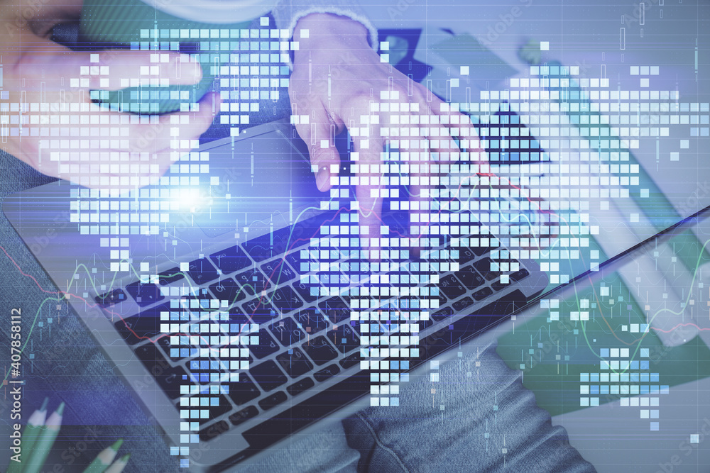 Double exposure of woman hands typing on computer and business theme hologram drawing. Success concept. Double exposure of woman hands typing on computer and business theme hologram drawing. Success concept.