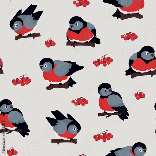 Seamless vector pattern of birds. Tits with red bellies and rowan berries. The concept of conservation and frugality of nature. For paper, cover, fabric, gift wrap, wallpaper, home decor