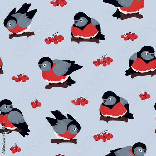 Seamless vector pattern of birds. Tits with red bellies and rowan berries. The concept of conservation and frugality of nature. For paper, cover, fabric, gift wrap, wallpaper, home decor