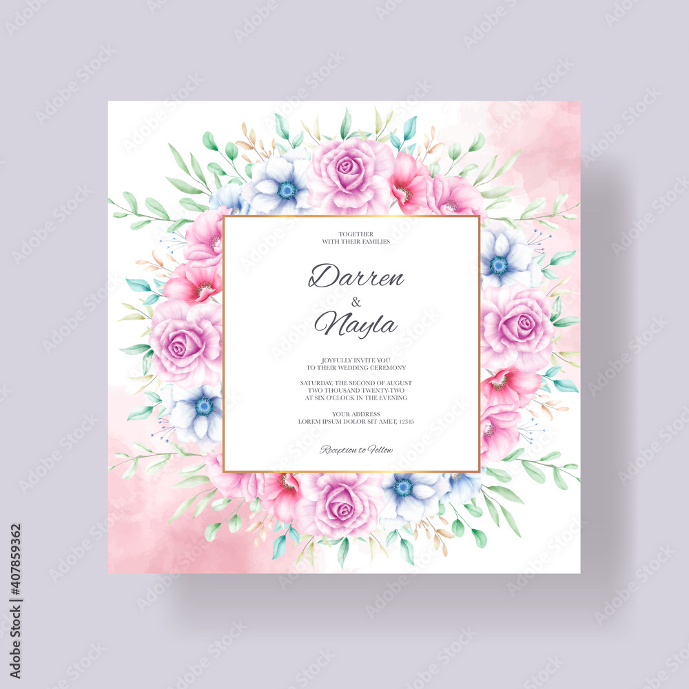 Romantic wedding invitation card template with watercolor flowers