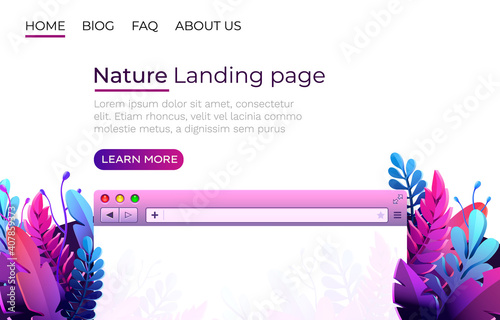 Nature landing page, Design internet browser template. Windows frame search, webpage. Vector