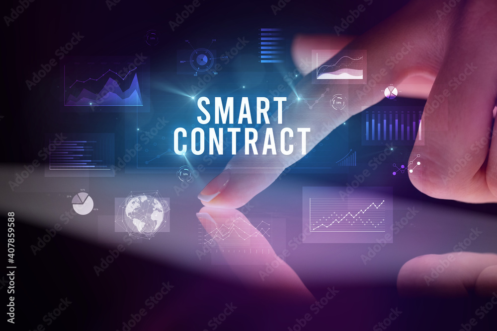 Fototapeta premium Finger touching tablet with charts and SMART CONTRACT inscription, business concept