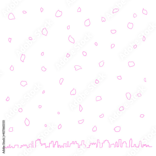 桜の花びらと街の遠景のベクトルイラスト