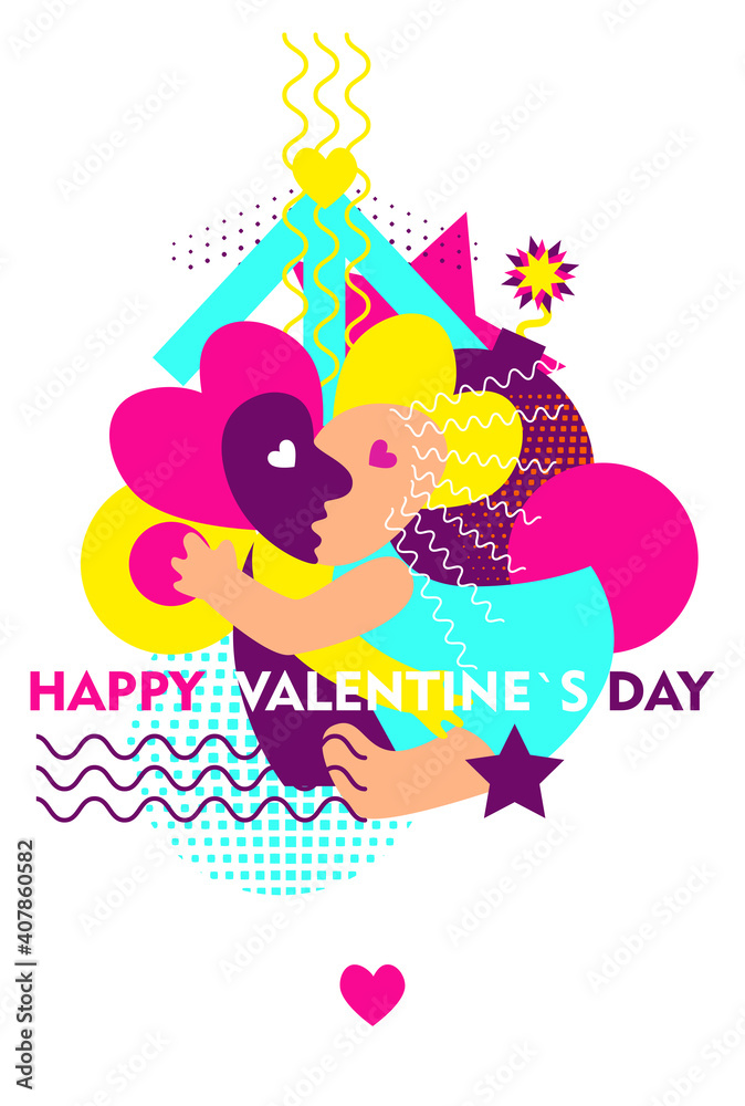 Happy couple in love hugging each other. Young people on Valentine day. Trending informal characters.