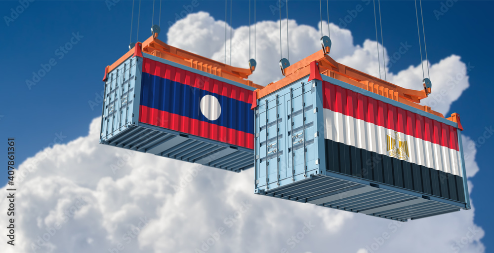 Freight containers with Egypt and Laos flag. 3D Rendering 